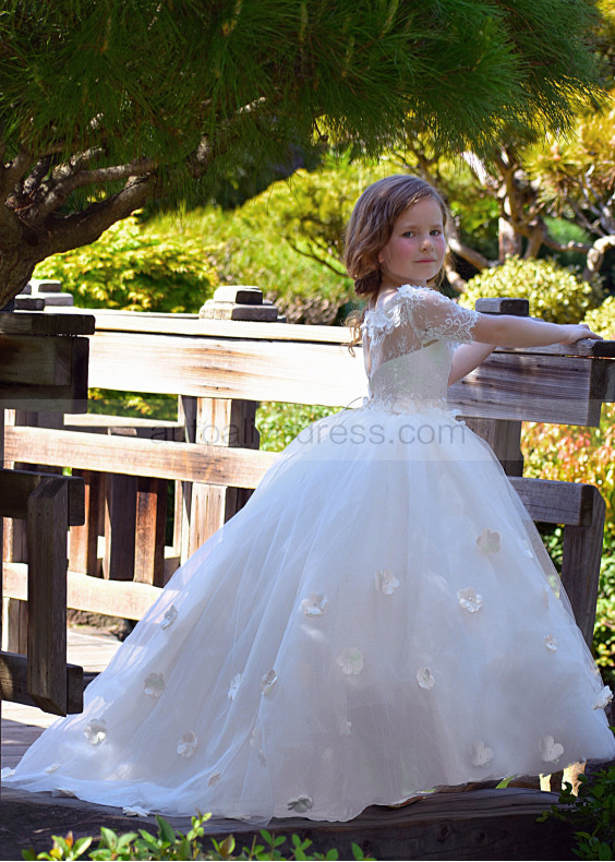 Off Shoulder Ivory Lace Tulle Floor Length Flower Girl Dress